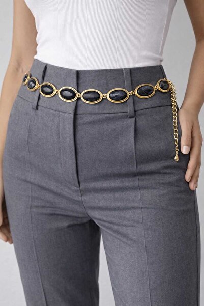 beyna aksesuar Colorful Plastic Bead Detailed Women's Waist Cord with Gold Chain Detail Adjustable Belt