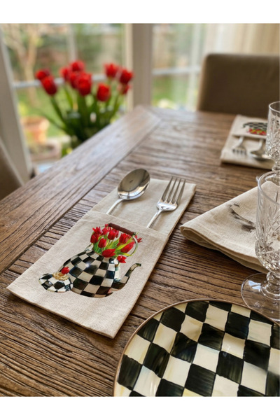 Menar Tasarım Keten Kaşıklık Servis Sunum Dama Desenli Kumaş Kaşık Çatal Kılı...