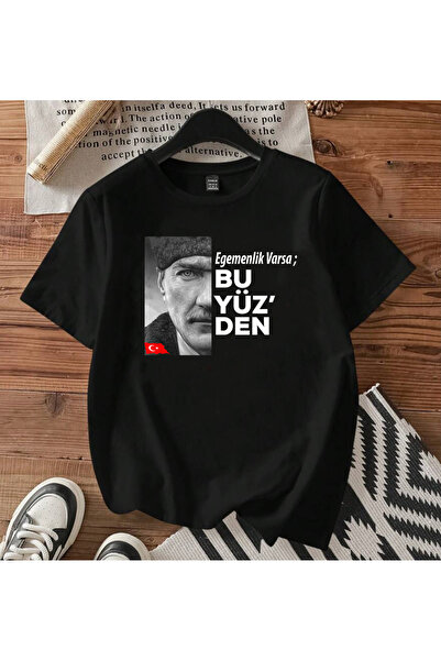 SUNFREE تي شيرت ATATURK BU YÜZDEN مطبوع برقبة دائرية وأكمام قصيرة للجنسين