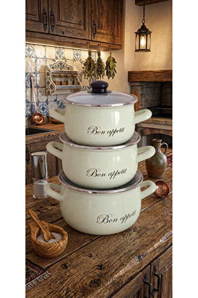 Avşar Emaye Evi̇m 18-20-22 cm 2-2750-3.7 Liter Bon Apatite Green Enamel Pot Set