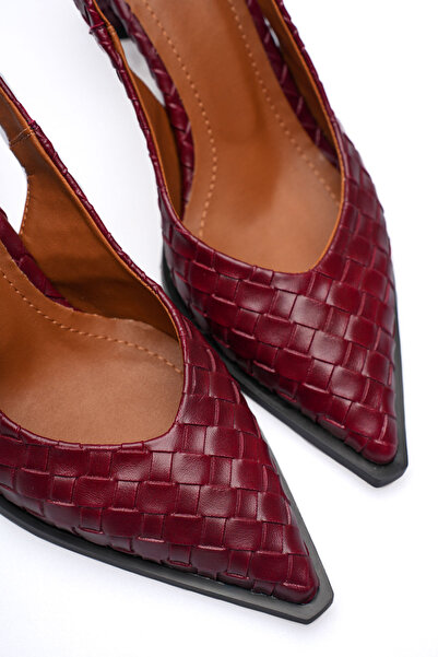 Long Star Women's Burgundy Knitted Patterned Pointed Toe Buckle Heeled Shoes ...