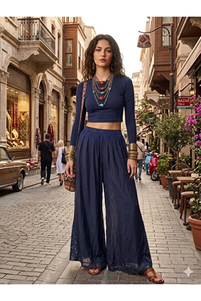 AYASOFYA OTANTIK Women's Italian Navy Blue Elastic Waist Sequined Wide-Leg Si...