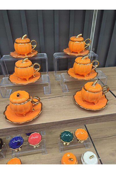 Muhtelif 6’lı Pumpkin Balkabağı Desenli Fincan Takımı - Kapaklı ve Ayaklı Model