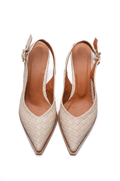 Long Star Women's Beige Knitted Patterned Pointed Toe Buckle Heeled Shoes Spe...