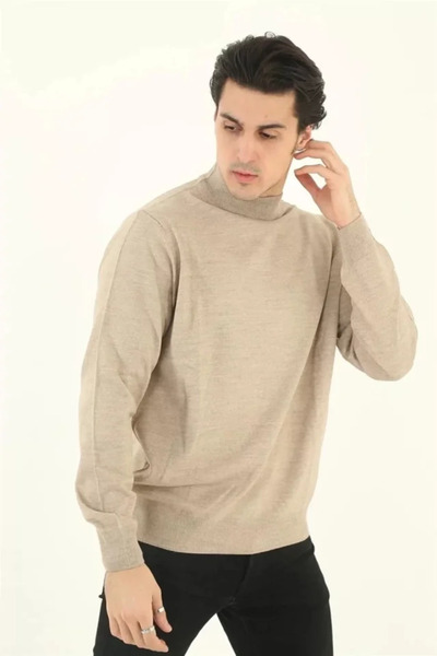 modi Men's Casual Chic Half Turtleneck Beige Ribbed Knit Sweater