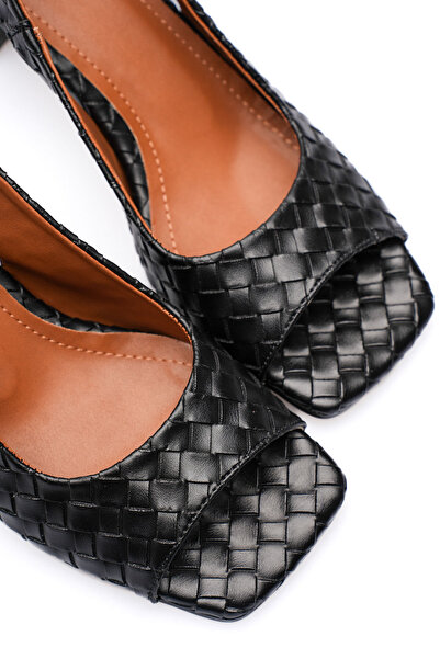 Long Star Women's Black Knitted Patterned Buckle Thick Heeled Sandals Special...