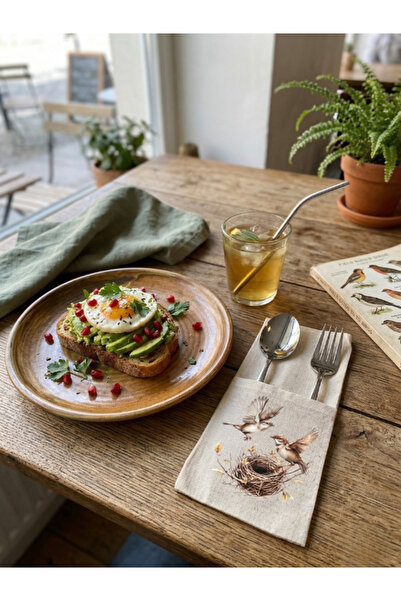 Menar Tasarım Keten Kaşıklık Servis Sunum Vintage Kuş Temalı Kumaş Kaşık Çata...
