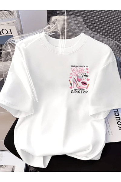 one button Mini Girls Trip Printed Premium Oversize T-Shirt