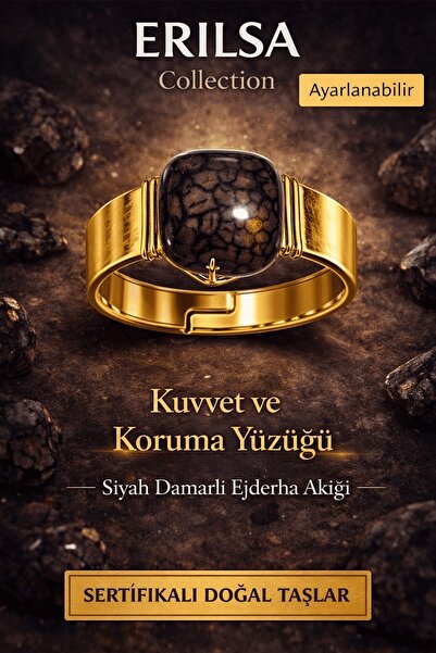 Erilsa Certified Dragon Agate Natural Stone Ring Black Agate Adjustable Handmade