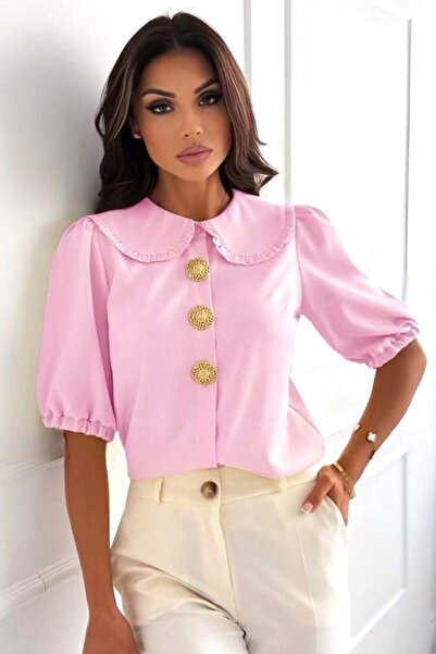 FashionForYou Cămașă de bumbac DARYA cu broșe aurii și guler Peter Pan, Roz, ...
