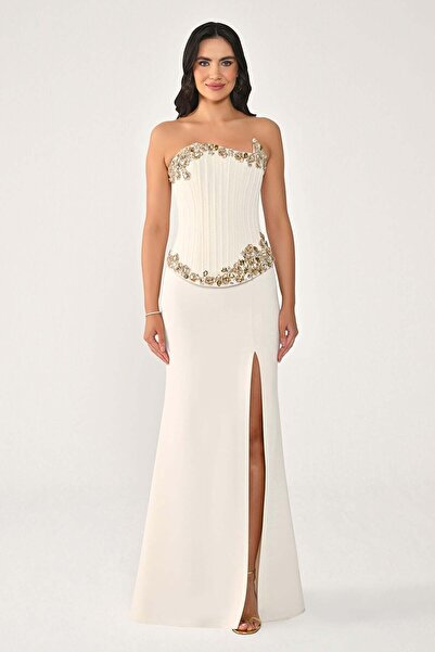 ALFABETA فستان سهرة كريب من قطعتين بتفاصيل ذهبية فاخرة