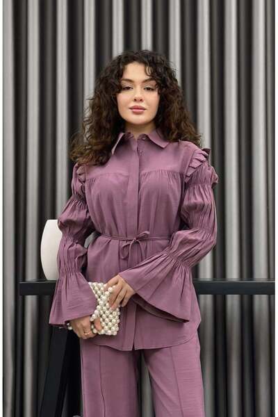 Cardella Serena Summer Tnsl Fabric Ruched Detail Shirt and Trouser Set – Belt...