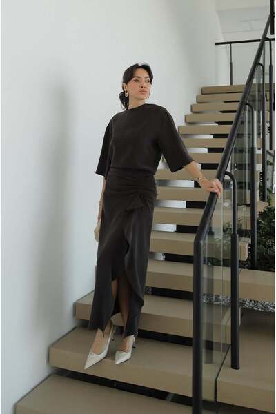 Havoş Brown Morley Dress with Side Ruffle Detail