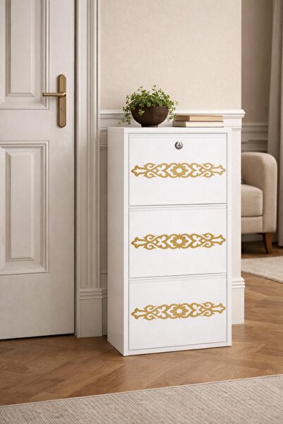 KARLI 3'LÜ KİLİTLİ BEYAZ GOLD DESENLİ METAL AYAKKABILIK