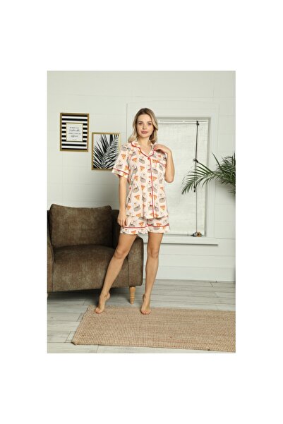 BOYRAZ Women's Cotton Pajamas - Set with Pocket Shirt and Shorts, "Pizza" Print