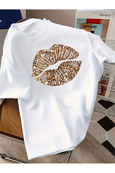 one button تصميم الشفاه الذهبية مطبوع على تيشيرت فاخر كبير الحجم