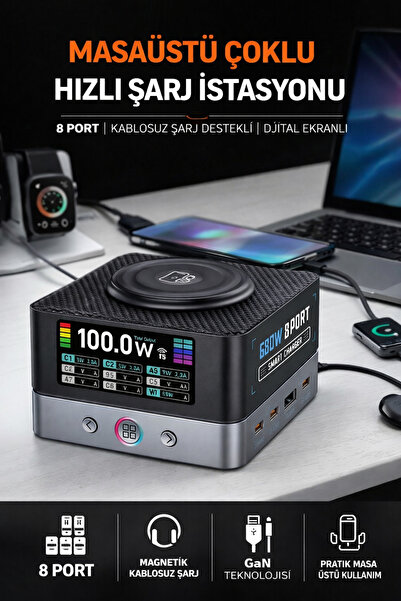 Yellowtech Kablosuz Şarj Destekli 8 Port Masaüstü Hızlı Şarj İstasyonu Dijital Ekranlı 680W