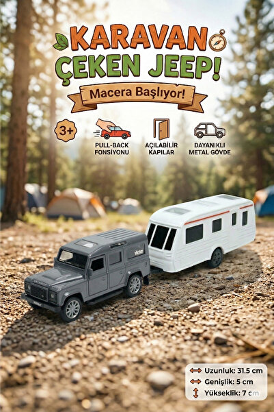 craftivio Metal Diecast Çek Bırak Jeep ve Karavan Seti - Açılabilir Kapılı Oy...