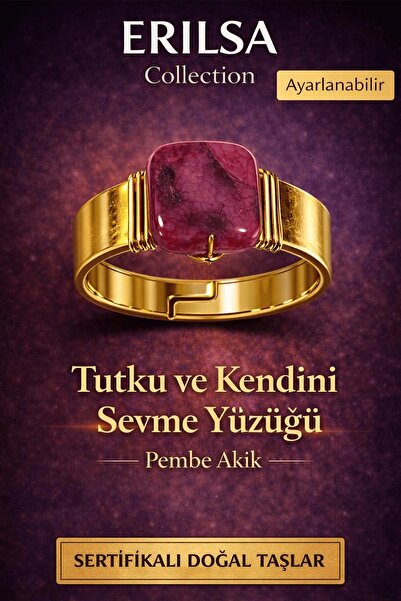 Erilsa خاتم من حجر العقيق الوردي الطبيعي المعتمد - قابل للتعديل يعبر عن العاط...