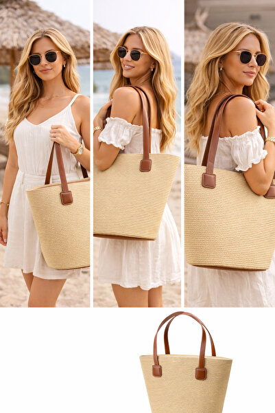 ZERAMİNE Cream Women's Straw Shoulder Bag Medium Size Daily Use Beach Bag Sum...