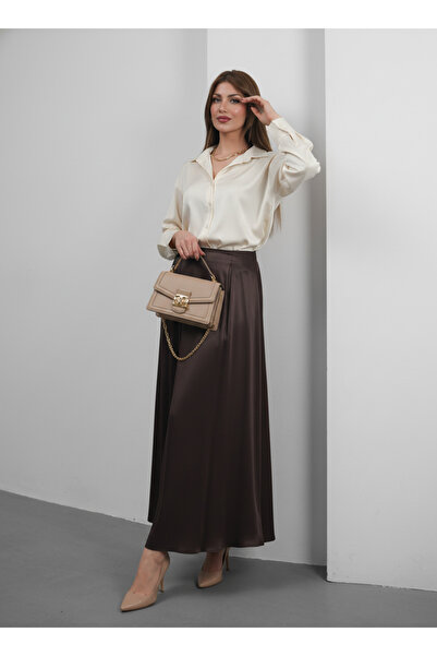 Hisleria Satin Long Skirt with Two Pile Details on the Front - Bitter Brown