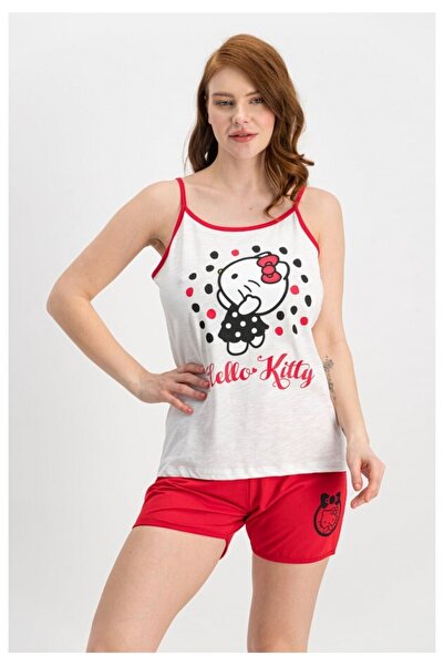 BOYRAZ Pijama damă „Hello Kitty” – maiou alb și pantaloni scurți roșii, 100% ...