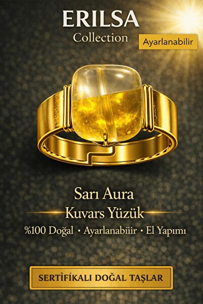 Erilsa Certified Yellow Aura Quartz Ring Natural Gemstone Ring Adjustable Han...