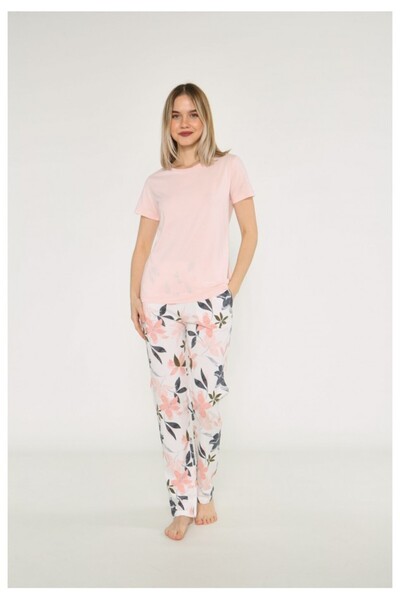 lindros Women's pajamas, short-sleeved blouse with round neckline, long pants...