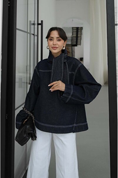 Havoş Navy Blue Denim Blouse with Scarf Detail on the Collar