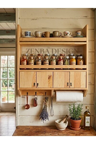 Zenba Design Büyük Boy Ahşap Peçeteli Terek Bardak Baharatlık Rafı Geniş Raf ...