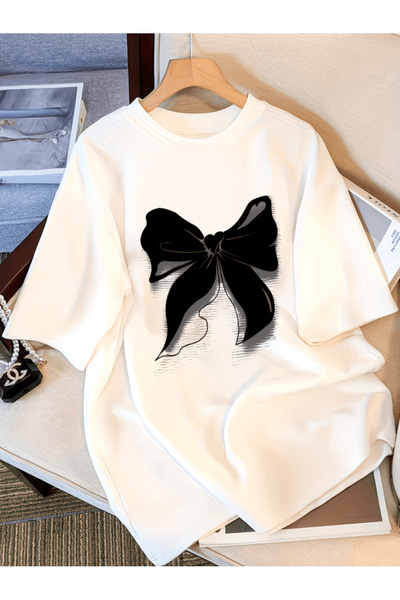 one button Special black ribbon detail printed premium oversize t-shirt