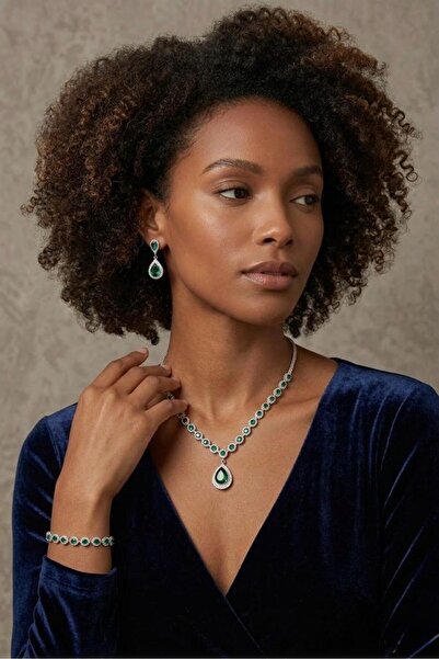 shopidik Dazzling Emerald Radiance: Drop Zircon Stone Waterway Necklace Earri...