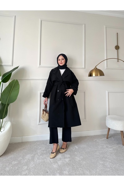 Nsade Ensade Belted Oversize Lined Seasonal Cotton Gabardine Long Jacket