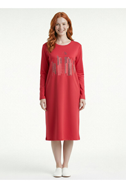 Neden Tekstil Women's Red Long Sleeve Basic Casual Dress