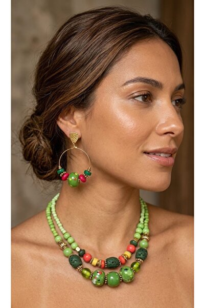 cleopatra takı aksesuar Hera Bohemian Natural Stone Ethnic Design Green Color...