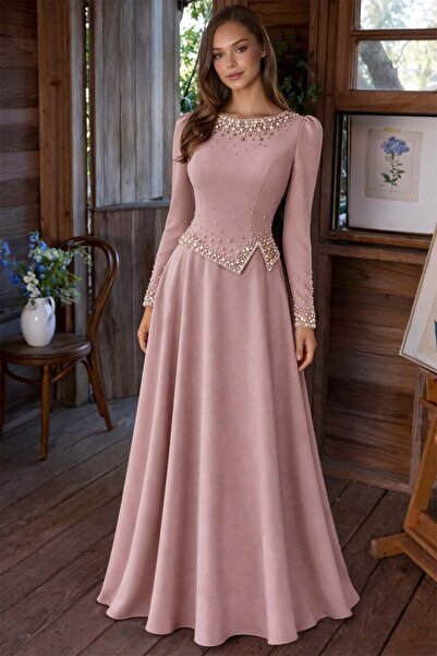 Olcay İnci Süslemeli Krep Tesettür Abiye Elbise PUDRA 1691