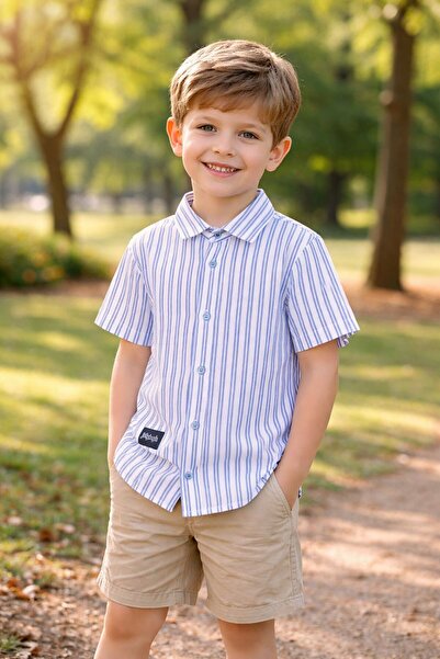 ERDEM KIDS Момчешка раирана вафлена риза с къс ръкав