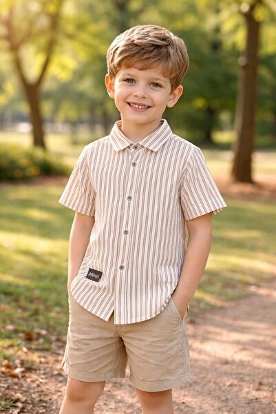 ERDEM KIDS Момчешка раирана вафлена риза с къс ръкав