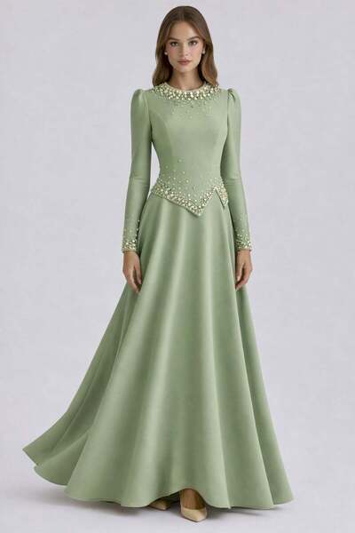 Olcay Mit Perlen verziertes Krepp-Hijab-Abendkleid ÇAĞLA 1691