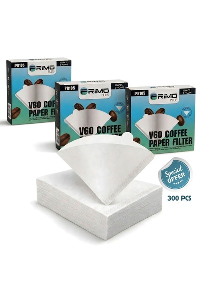 Primo Plus 300 قطعة من فلاتر القهوة الورقية مقاس V60 02 باللون الأبيض