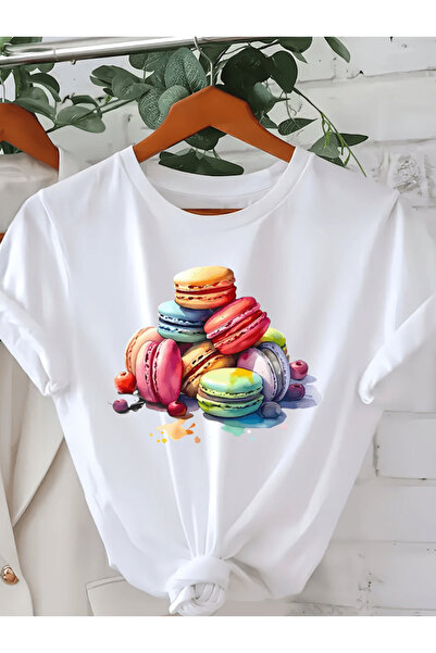 one button تي شيرت ملون مطبوع عليه ماكارون بريميوم كبير الحجم