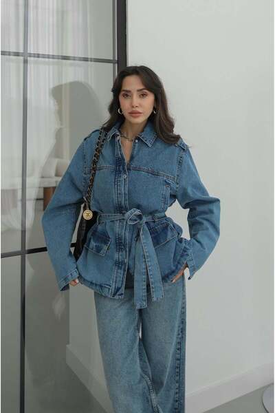 Havoş Blue Four-Pocket Belted Denim Jacket