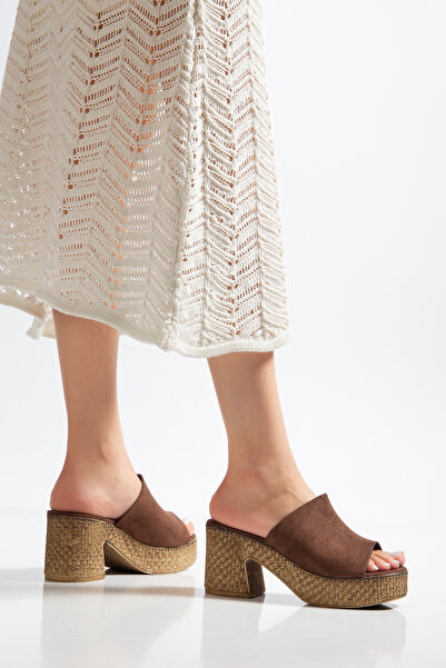 BAHRİNA Women's Brown Suede Trendy Heeled Stylish Platform Slippers
