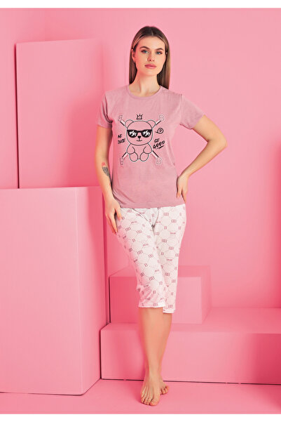 Ercan Γυναικεία βαμβακερή πυτζάμα - Μπλουζάκι και παντελόνι 3/4, με ωραίο σχέ...