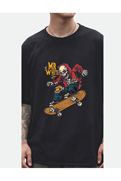 dompulerimoda Mr. White Printed Oversize Unisex Black T-Shirt