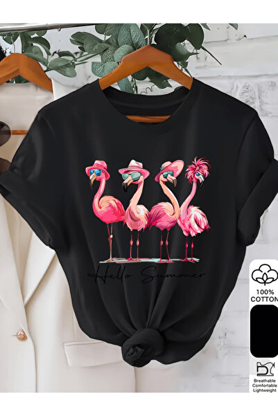 one button مرحباً تيشرت فلامينجو الصيفي المطبوع بتفاصيل فاخرة ومقاس كبير
