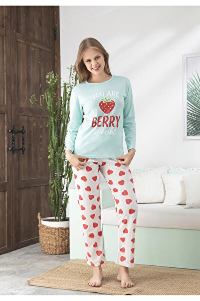 Miss Lale Pijama Women's blue long-sleeved pajamas and long pants with white ...