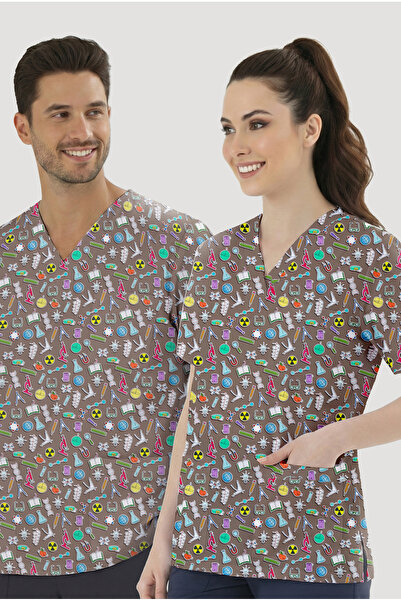 ÇİZGİ MEDİKAL قميص علوي منقوش من كشف فاديڤس (نسيج قطني ليكرا)