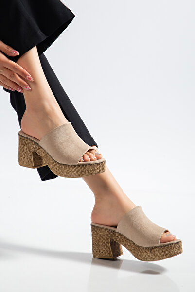 BAHRİNA Women's Beige Suede Trendy Heeled Stylish Platform Slippers