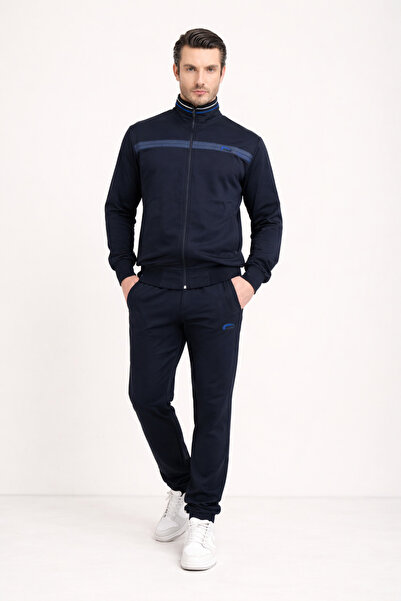 wera Navy Blue Stand Collar Zippered Comfortable Fit Men's Tracksuit Set